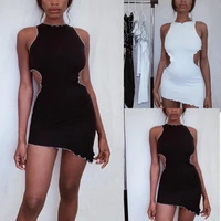 hot sales sexy women dress solid color sleeveless hollow out knitted ribbed mini bodycon dress for summer