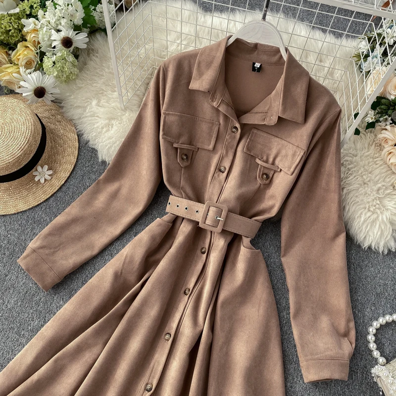 ALPHALMODA, модное женское платье, Осень-зима, французское ретро платье средней длины с поясом, сплошная шикарная одежда