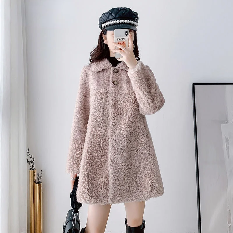 

Winter Clothes Women Real Lamb Fur Coat Turndown Collar Single Breasted Long Sleeve Natural Sheep Shearling Jacket Outwear X536