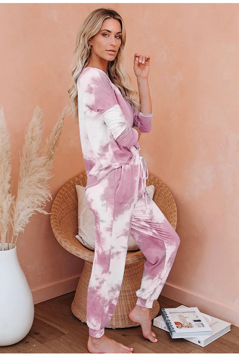 Женский пижамный комплект с длинным рукавом весенне осенний галстуком краской