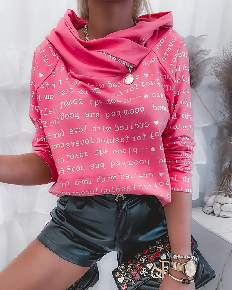 

Women's elegant solid color blouse T-shirt shirt, sexy autumn/winter 2021 new style,Letter Print Raglan Sleeve Zipper Hooded Swe