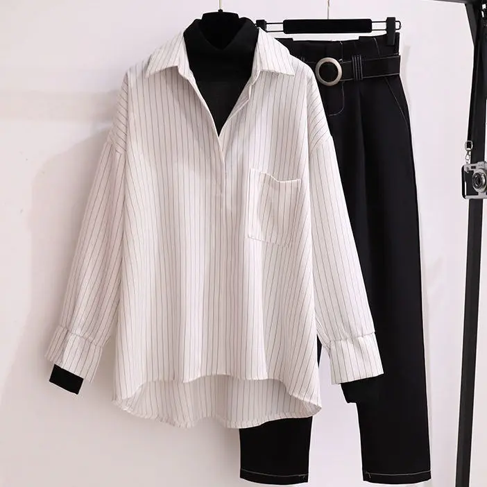 

Women 2021 Spring Autumn Fashion Two Piece Suits Female New Pullover Patchwork Tops Ladies High WaistWide Leg Pants Sets K48