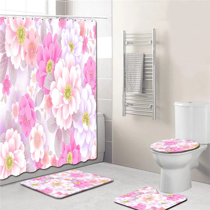 4 шт./компл. Элегантная с цветочным рисунком Набор ковриков для душевой занавески