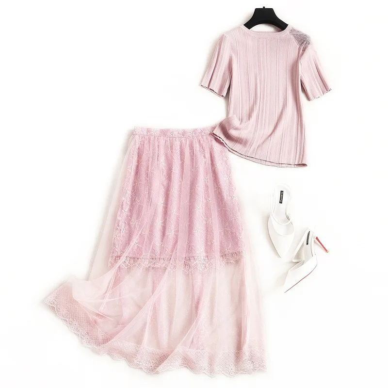

Fashion Designer Set Summer Women Short sleeve knit T-shirt Tops+Lace Patchwork Mesh skirt Two-piece suit