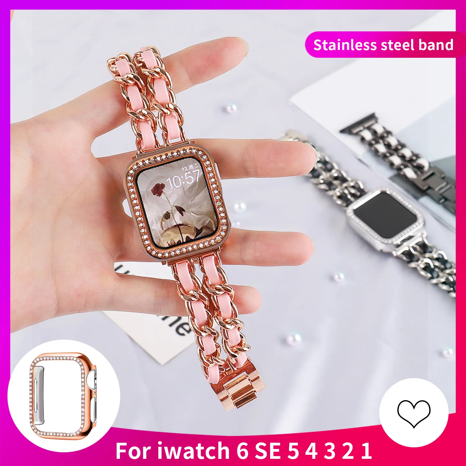 

Stainless Steel Leather Bracelet+Diamond Case for Apple Watch Series 6 Se 40mm 44mm Watchband Strap on iwatch band 432 38mm 42mm