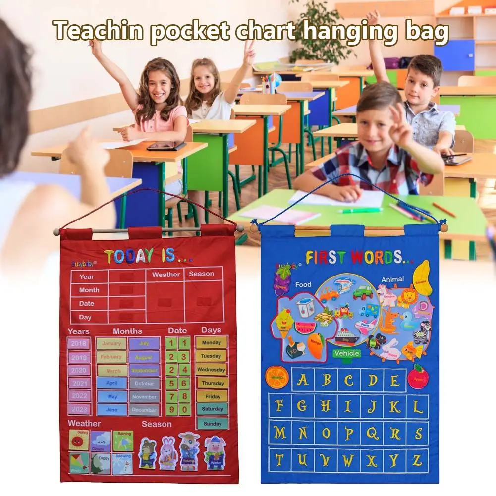 

Kids Educational Toy Learning English Letter Weather Date Season Calendar Teaching Tool Weather Pocket Chart Hanging Bag