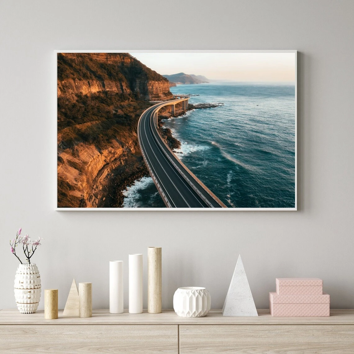 

Sea Cliff Bridge Aerial Photo, Sydney Australia Ocean photo wall art print, Curved mountain road Landscape Poster Home Decor