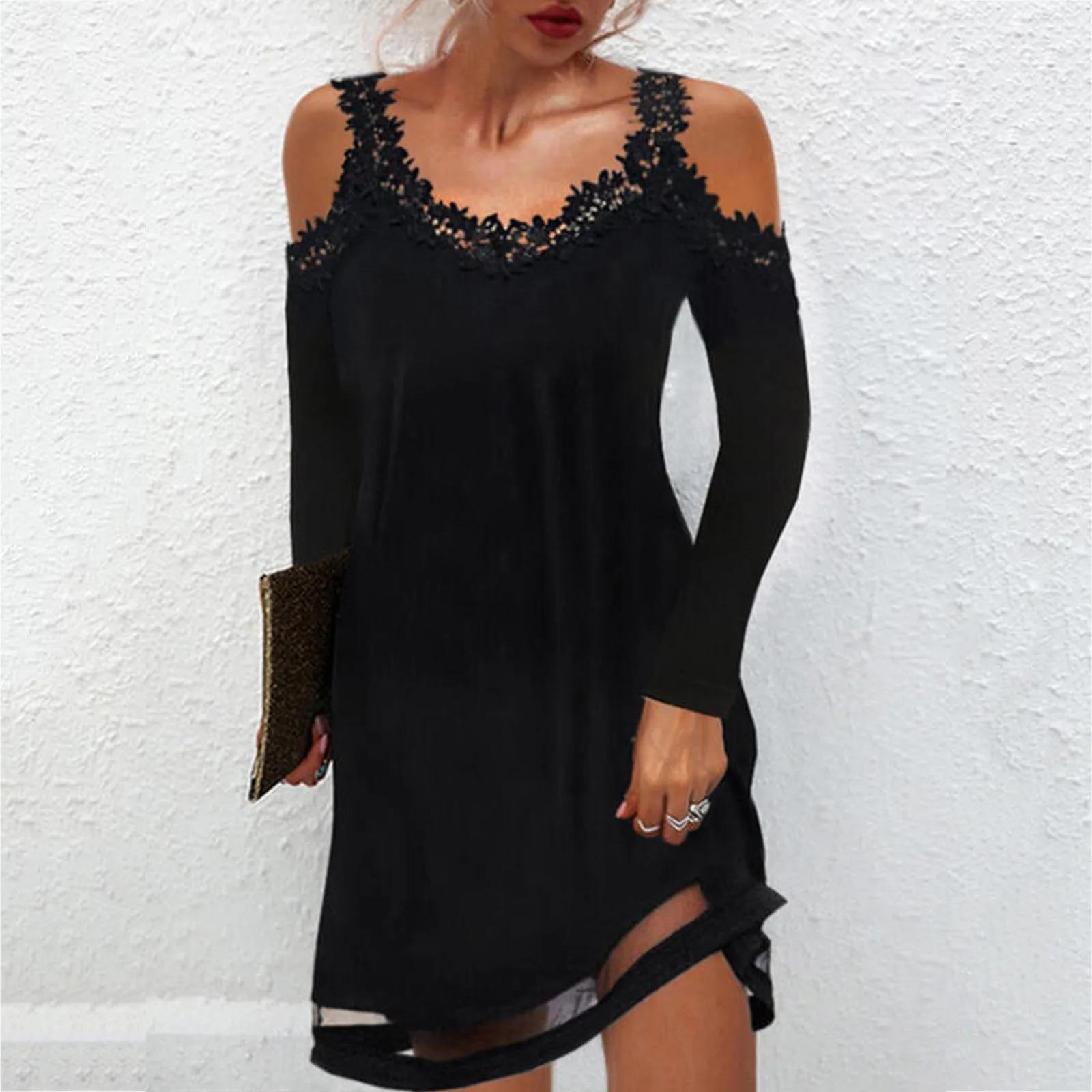 

Women Dresses Fashion Mesh Lace Hollow Strapless Long Sleeve Dress Autumn Elegant Evening Party Dress Roupas Femininas#fs