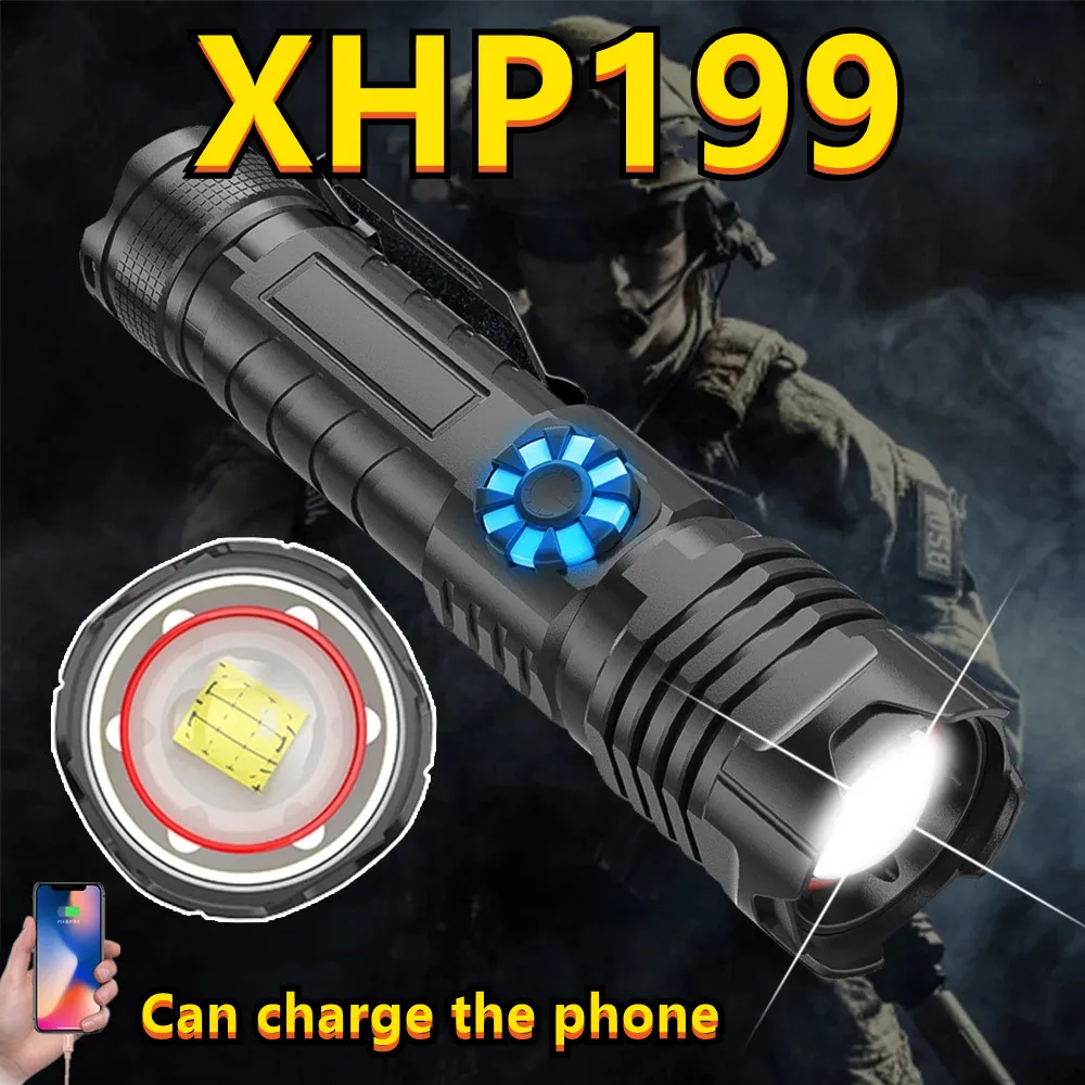 

NEW Flashlight XHP199 Most Powerful LED Torch Telescopic Zoom Input Output Stepless Dimming with Type-c USB by 26650 or 18650