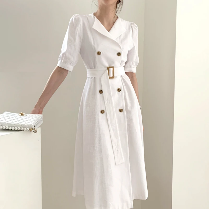 

Pinkou Women Chic Double Breasted Midi Dress Short Sleeve Bow Tie Belt Solid Office Wear Trench Dresses Vestido QA811