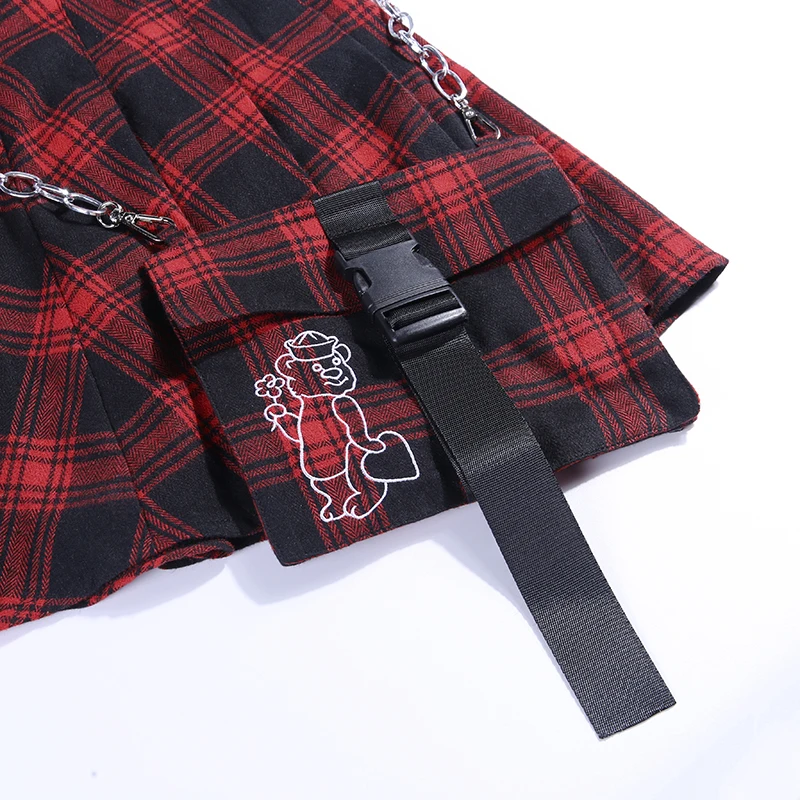 Harajuku Plaid Skirt Women Japanese Jk High Waist with Chain Pocket Mini Summer Streetwear Goth Punk Red Pleated Skirts | Женская одежда