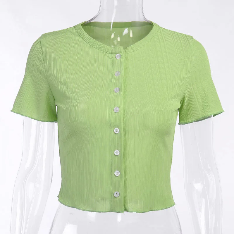 

2021 button O neck green casual women top shirt Knit Slim Short Sleeve sweet bodycon Streetwear elegant lady chic crop tops