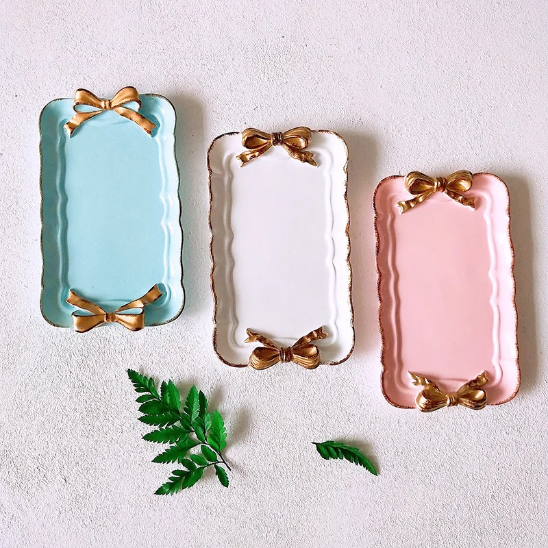 European Style Bow Cake Storage Trays Makeup Organizer Dessert Plate Square Decor Tray Kitchen 12*20cm | Дом и сад