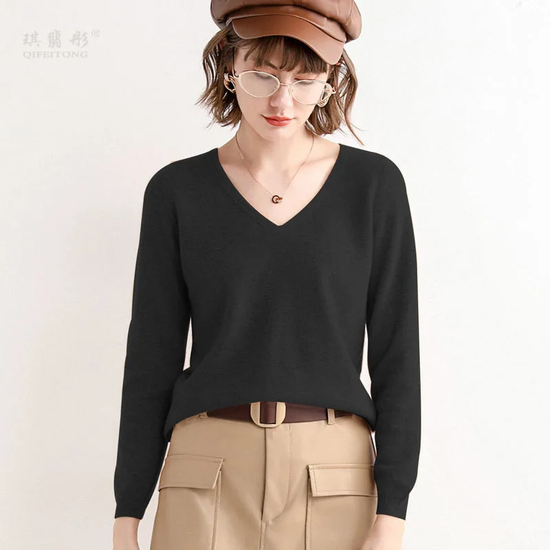 

2020 New Pure Cashmere Women Sweater For Autumn Winter 2xl Loose Pullover V-neck Knitted Pure Black Soft Warm Sweater Women