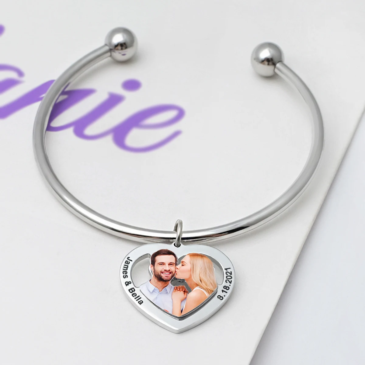 

Personalized Photo Bangle,Customized Bracelet Engrave Photo Name Date,Heart Shape Picture Bangles,Anniversary Gift for Her