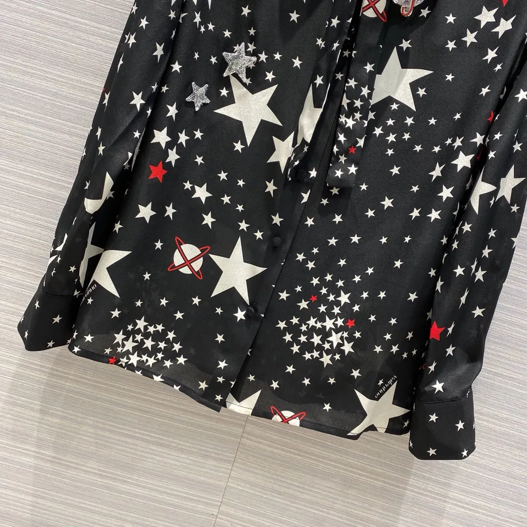 

2020 new fashion style lapel bow tie star pattern womens silk blouses for free shipping