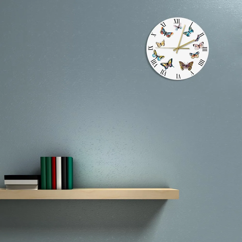 Яркие Красочные бабочки с римскими цифрами современные настенные часы кухня