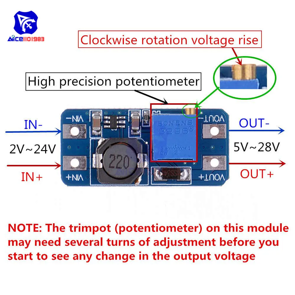 Diymore 10 шт./лот MT3608 dc-dc источники постоянного тока 2-24 В до 5 в пост-28 V 2A Step Up повышающий преобразователь постоянного тока с Питание модуль с регулируемой подстроечный