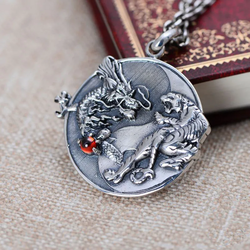 S925 Silver Handmade Dragon Tiger Pendant Necklace 925 Sterling Fengshui Taichi Yinyang Pendant Necklace Good Luck Amulet
