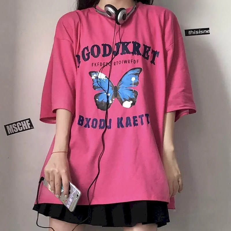 

Short-sleeved Kawaii T-shirt Women Tshirt Summer Style Retro Harajuku Style Butterfly Print Loose Student Shirt Punk Clothes