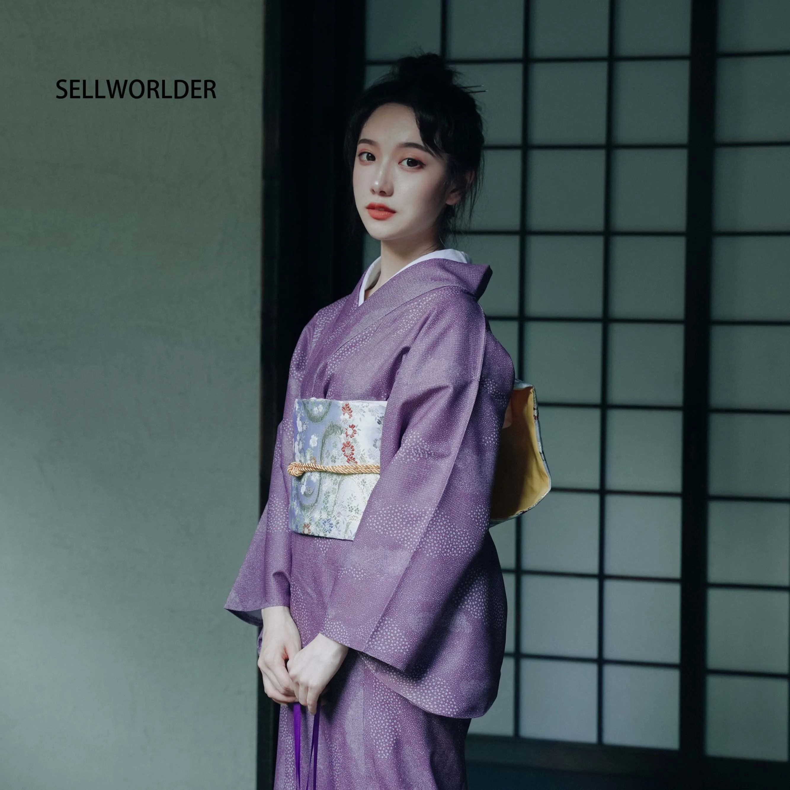 

2019 SELLWORLDER retro Japanese Kimono Style yukata Girl pruple dress Woman Starlight print Long Dress with handbag
