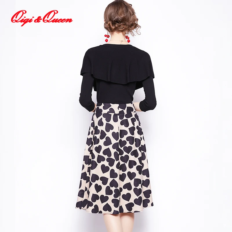 

Qiqi&queen Women's Autumn Suit skirt Fashion Knitted Top + Printed Skirt Two-piece Set Chic Office Casual French Style Sets