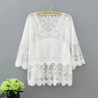 v neck white lace blouse women summer tops boho style kawaii flower embroidery seven flare sleeve ruffle lace shirt ladies top