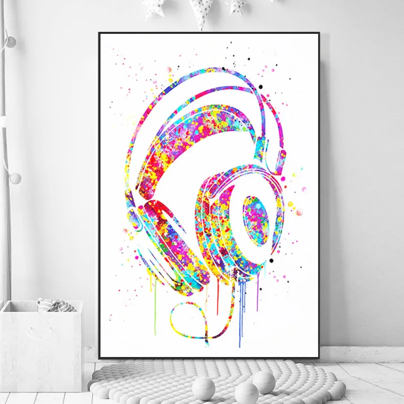 

Watercolor Graffiti Art Poster Headset Headphone Runner Picture Canvas Man Gift Room Wall Decor Art Paintings Frameless