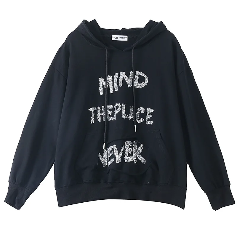 

Large Size Women's Hooded Sweatshirt Loose Korean Jacket 2021 New Fashion Leisure Red Black Color O Neck Pullovers Tees Female