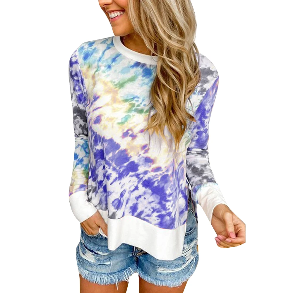 

Womens Tie-dye Shirt Casual Clothes Blouse Tops Long Sleeve Round Neck Top Style Gradient Pullover Women Blouses Top Femme