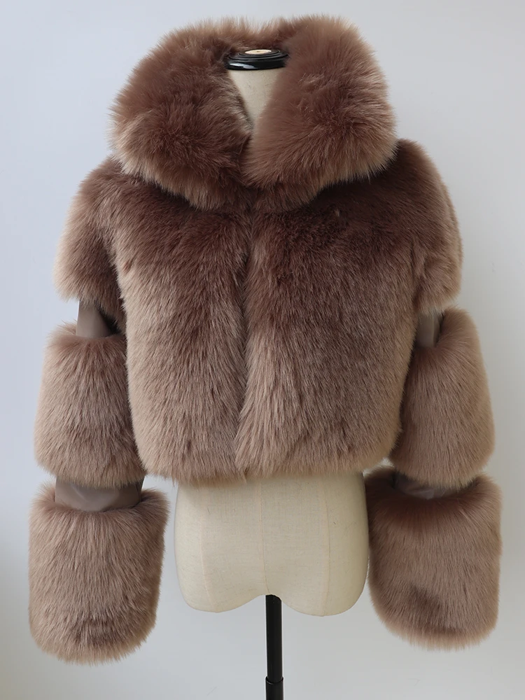 HJQJLJLS 2022 Winter New Arrival Cropped Faux Fox Fur Coat for Women Turn Down Collar Warm Overcoat Women Short Faux Fur Jacket