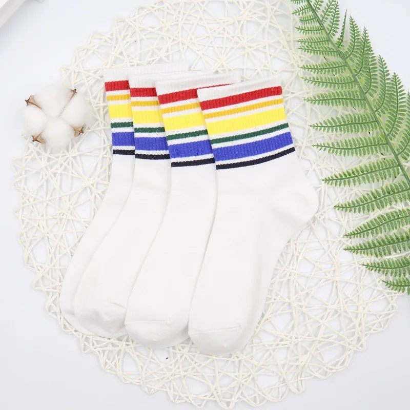 2 pairs 2 пары, женские модные носки с радугой, зимние женские носки, хлопковые носки с радужными полосками, модные теплые Повседневные носки для девочек в стиле Харадзюку - Color: 2 pairs