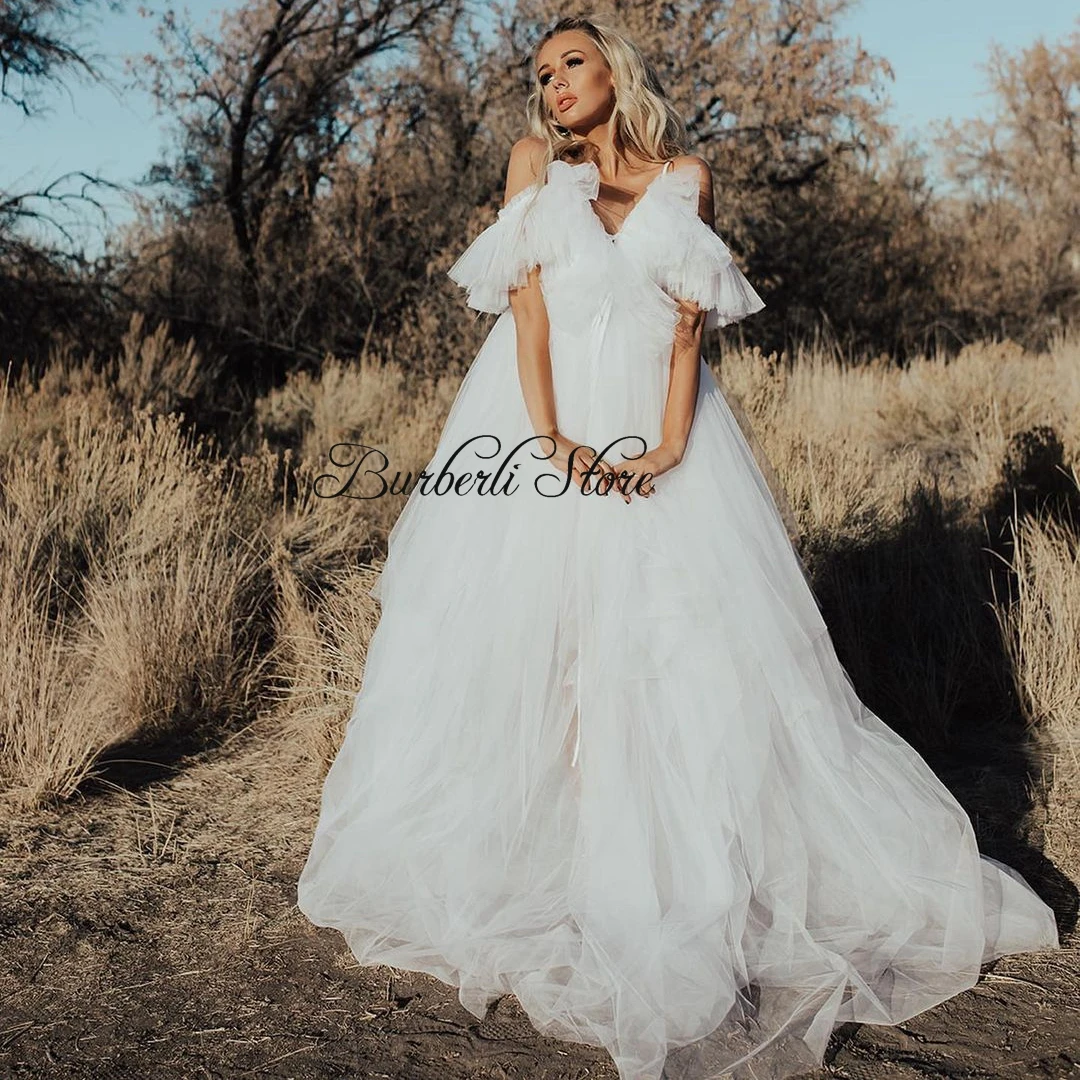

Elegant White Tulle A-line Long Bridal Dresses Off The Shoulder Ruffles Collar Women Dresses To Party Pretty Tulle Dress