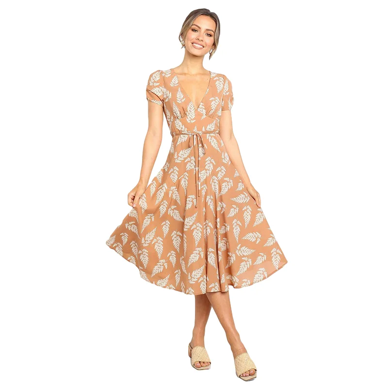 Летнее женское платье с принтом в виде листьев повседневное сексуальное до