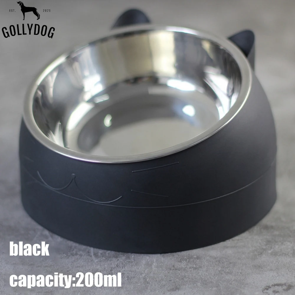 

Cat Dog Bowl 15 Degrees Tilted Stainless Steel Cat Bowl Safeguard Neck Puppy Cats Feeder Non-slip Crashworthiness Base Pet Bowls