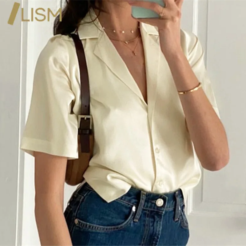 

ЛМС Классические однотонные ботинки с острым носком из сатина с коротким рукавом топы и блузки на весну и осень, повседневный или офисный ст...