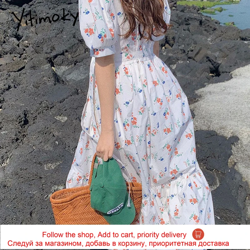 

Yitimoky Boho Floral Print High Waist Dress for Women 2021 Puff Short Sleeve Square Collar Loose Lace Up A-Line Summer Korean