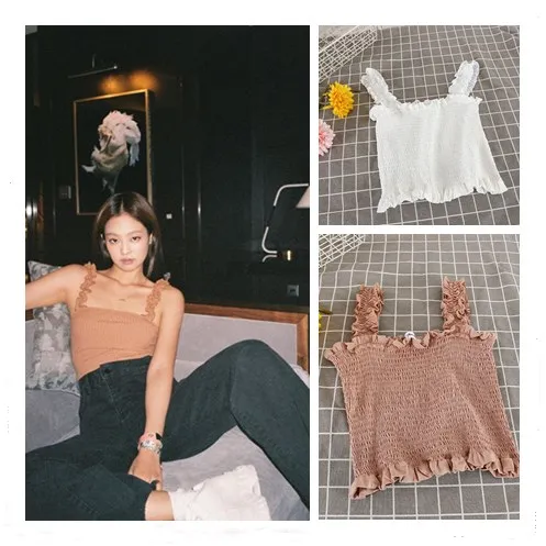 Kpop Корейская Звездная летняя гофрированная футболка на бретельках женская