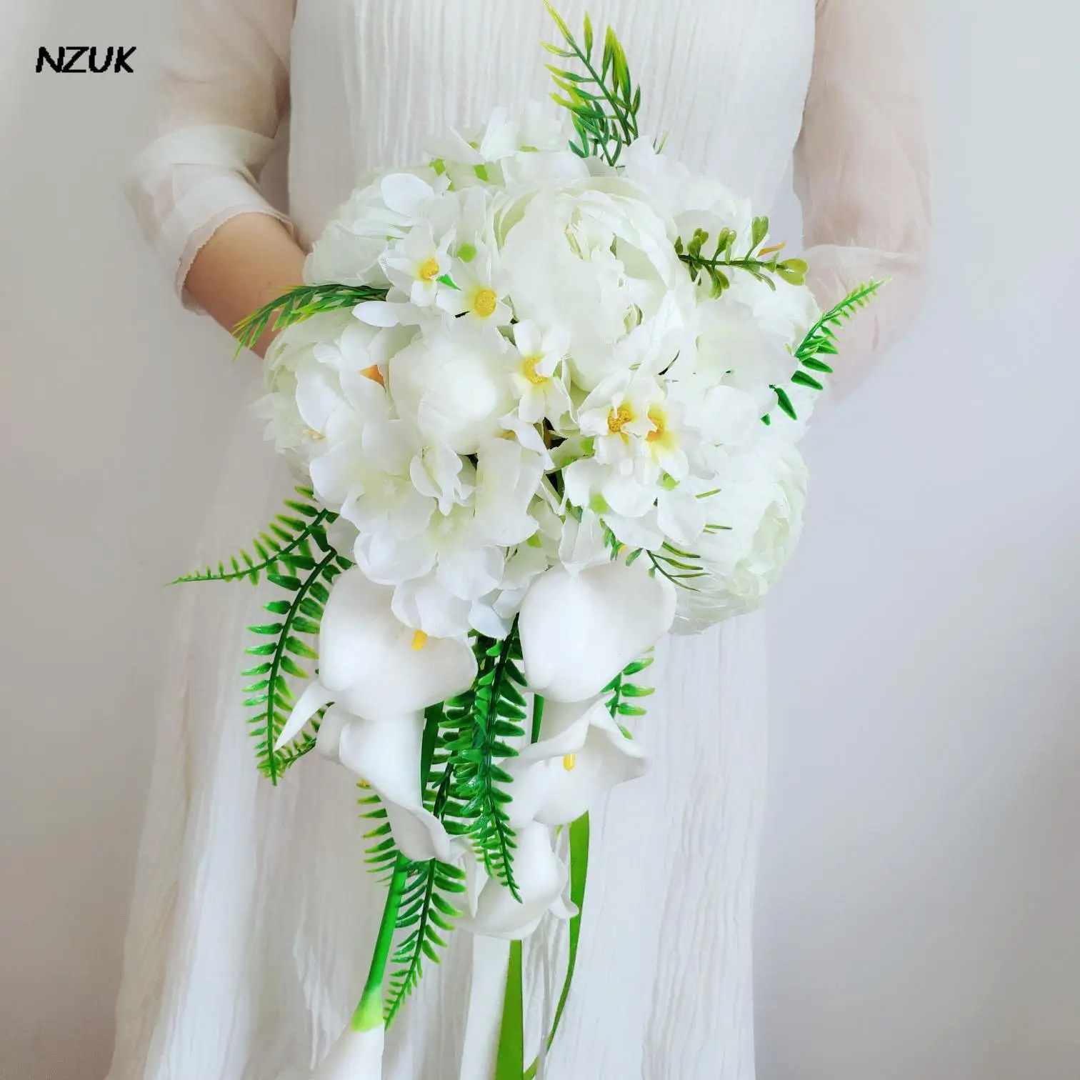 

NZUK Waterfall Bridal Bouquet flowers Artificial Orchid Cascading Wedding Brides bouquet Green White Peony Bouquet