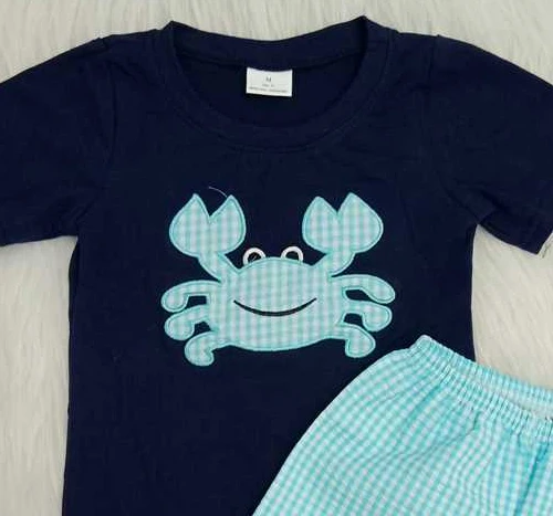 

New Baby Boys Clothes Set Crab Embroidery Black T-Shirt Tunic Top Plaid Short Pants For Toddler Boys Outfits