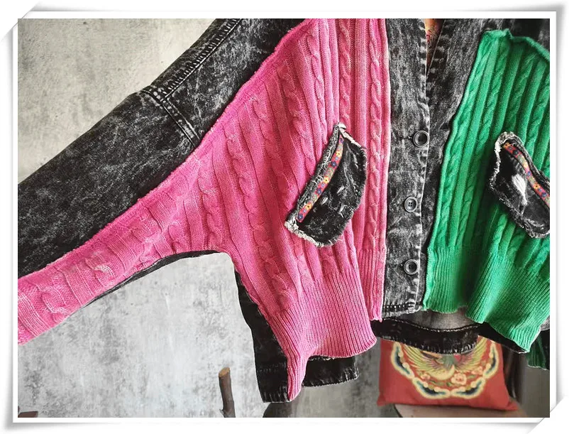 

LYUZHE Vintage Knitted Patchwork Denim Coat Women 2021 Spring Autumn Stitching Color Women Coat Plus Size Spliced Jacket QDY057