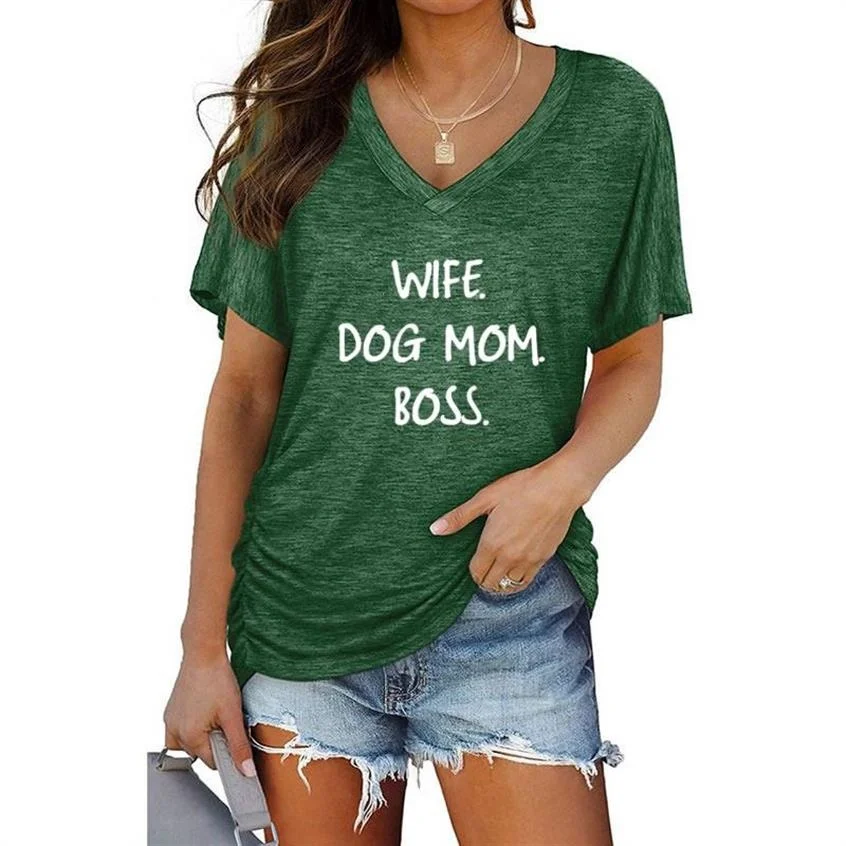 

Ladies Casual V-Neck Long T-Shirt For Women WIFE DOG Mom BOSS Letter Print Short Sleeve Tops Summer Women Batwing Sleeve Tees