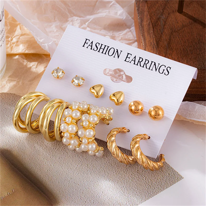 

Vintage Geometric Gold Metal Earrings Set For Women Punk Pearl Dangle Drop Earrings 2021 Trend Set of Earrings Jewelry Accessory