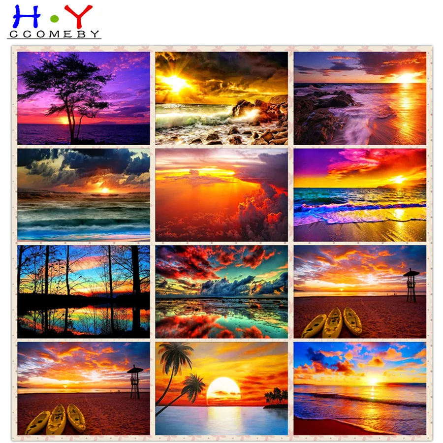 

HYCCOMEBY Diamond Painting Full Drill Square Landscape 5D DIY Mosaic Embroidery Seaside Sunset Picture Of Rhinestone Craft Kit