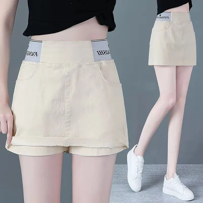

New Summer Fashion Cotton Denim Skirt 2021 Elastic High-Waisted Skirt Female Safety Pants Inside Sexy Mini Skirts Bodycon Shorts