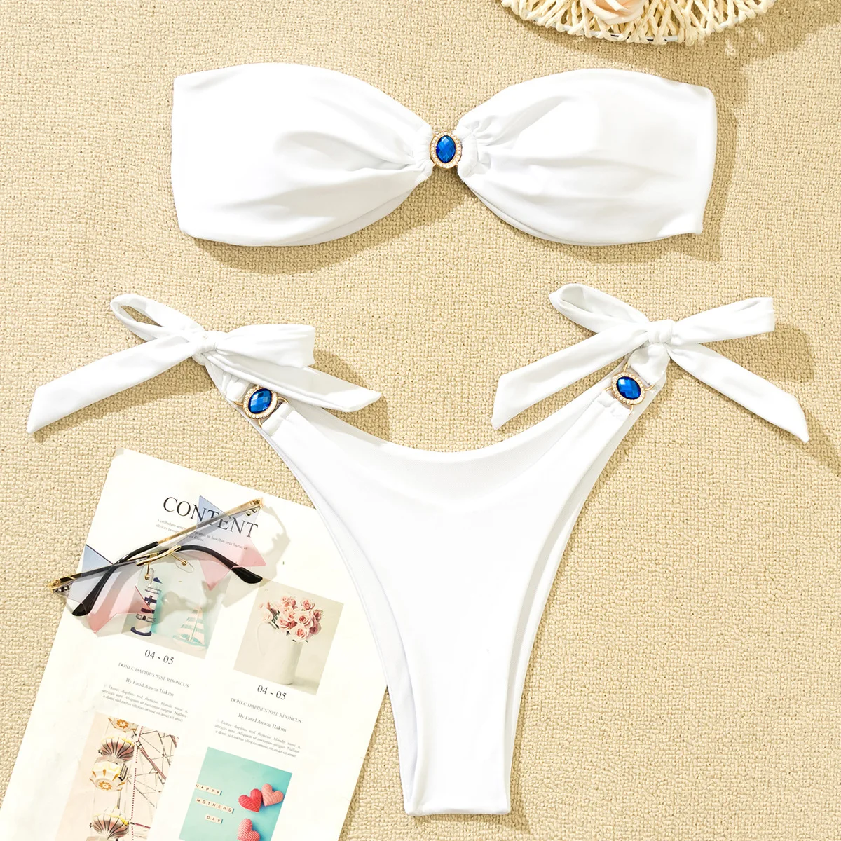 

Sexy Maillot De Bain Bandeau Bikini Solid Swimsuit Women Blue Swimwear Low Waist Two-pieces Bikini Set Bather Bathing Suit Swim