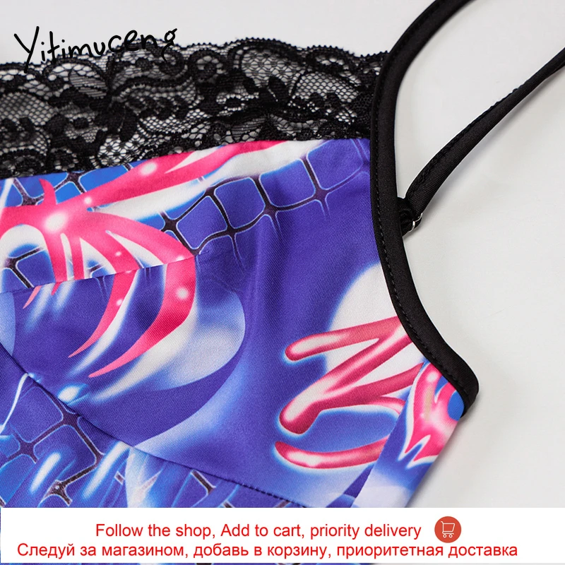

Yitimuceng Tie Dye Print Dress Women Blue Spaghetti Strap Party Sexy Halter Bandage Lace Side Split Mini Dresses 2021 Summer New