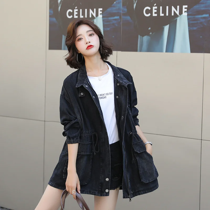 Женская Черная ветровка новинка 2021 осенняя свободная Модная Джинсовая куртка с