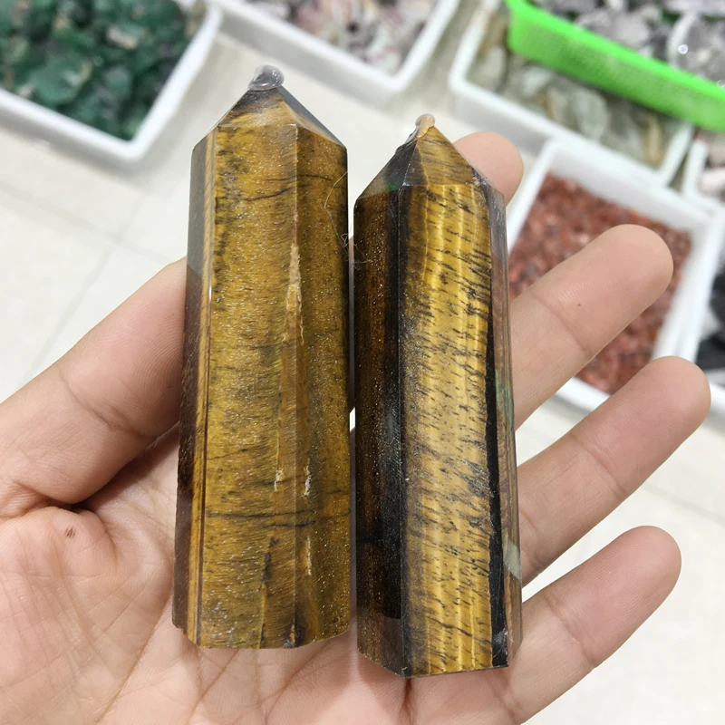 

Yellow Tiger's-eye Tower Hexagonal Prism Natural Crystal Healing Energy Stone Palm Decoration