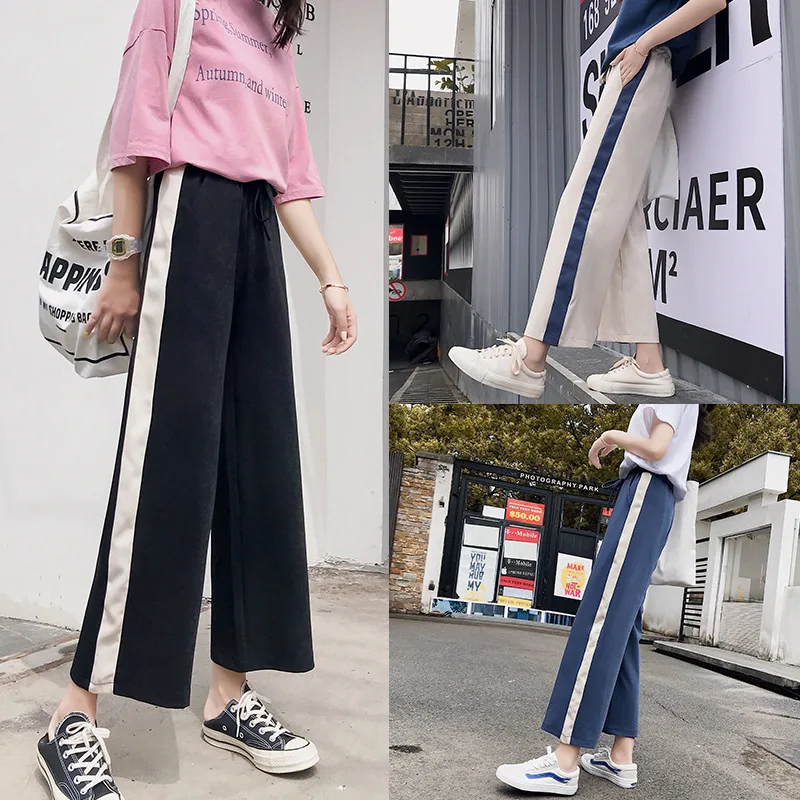 

Sports Wide Leg Pants Women Summer High Waist Casual Drape Straight Nine-point Pants Korean Students Harajuku Wild Loose Thin